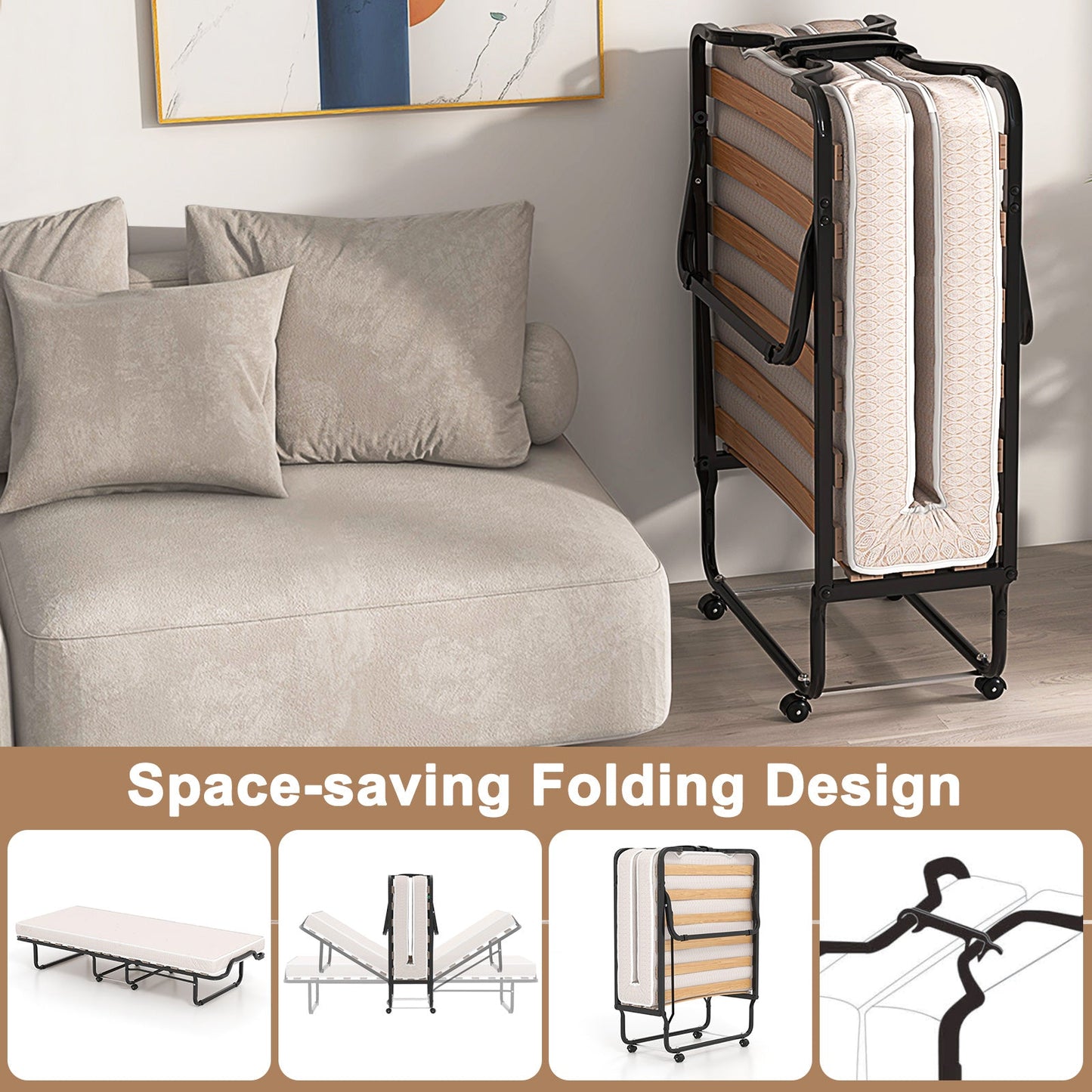 Rollaway Folding Bed with Memory Foam Mattress Made in Italy