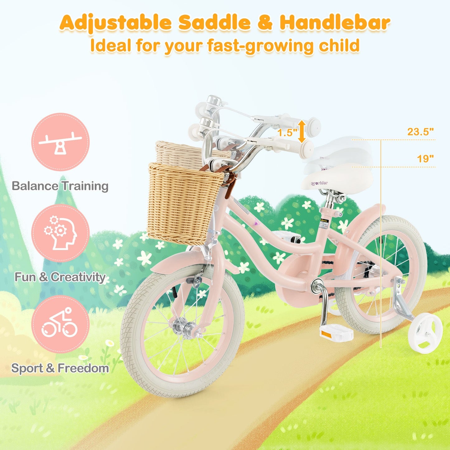 14-Inch Kids Bike with Training Wheels and Adjustable Handlebar Seat-Pink (Copy)