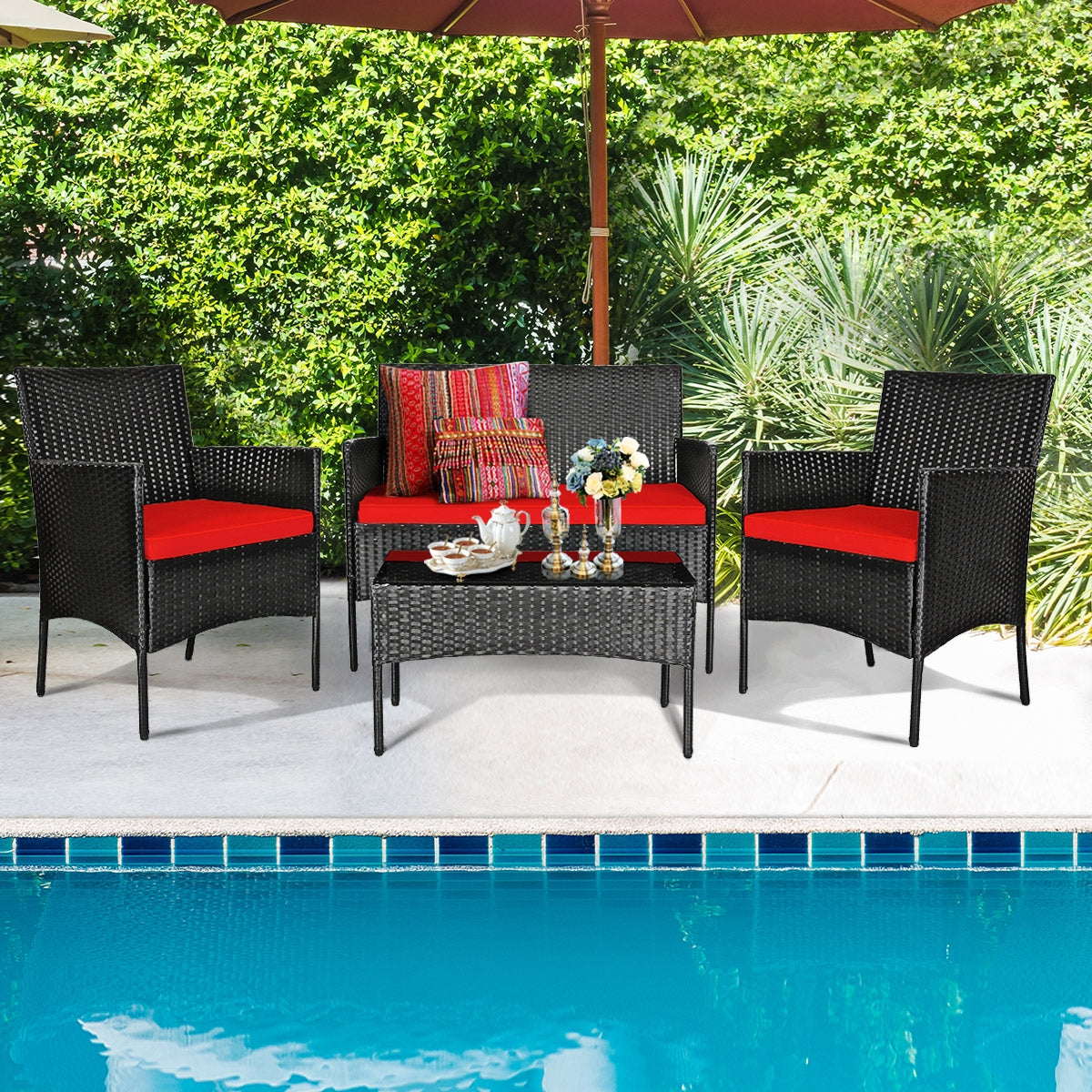 4 Pcs Patio Rattan Cushioned Sofa Furniture Set with Tempered Glass Coffee Table-Red (Fully Assembled)