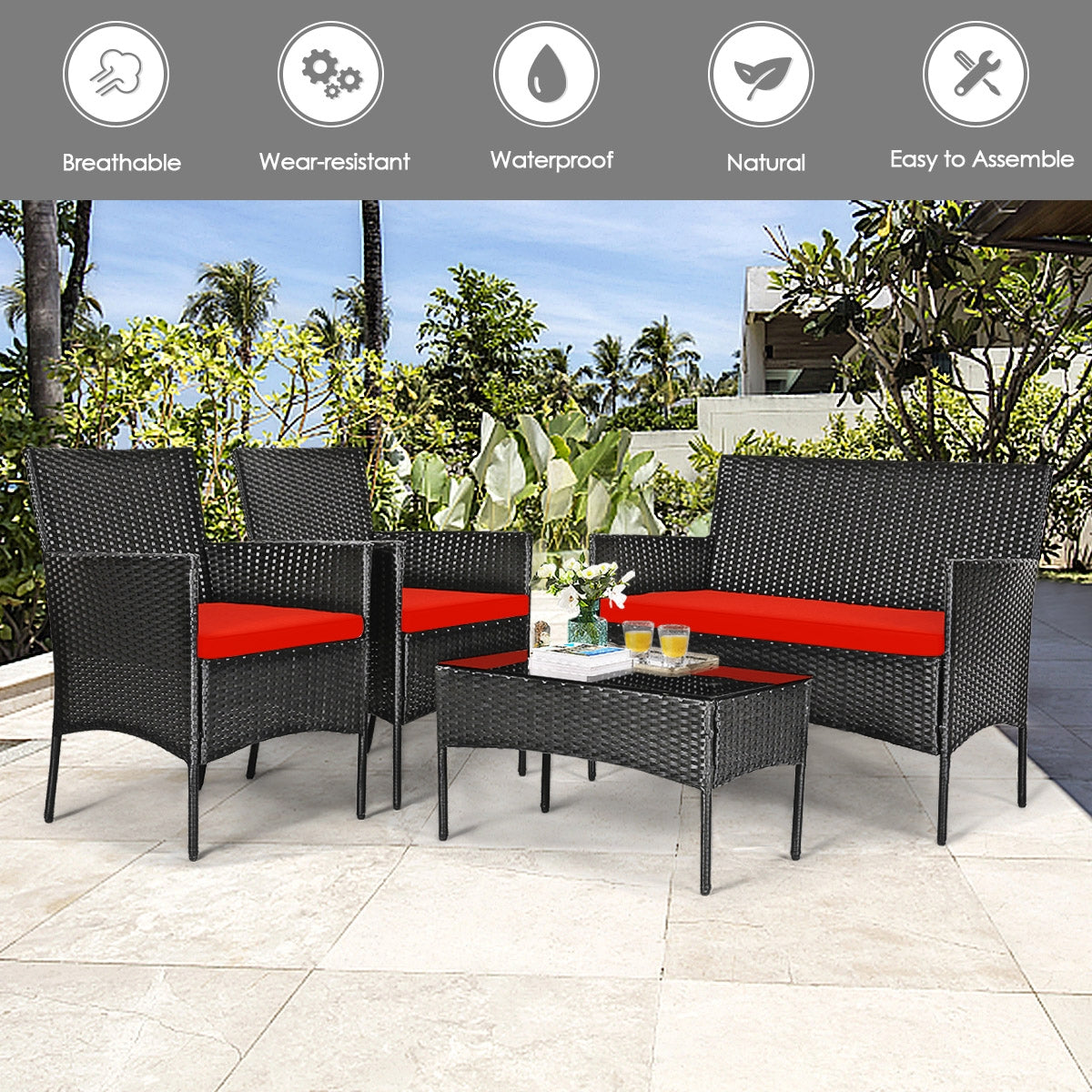 4 Pcs Patio Rattan Cushioned Sofa Furniture Set with Tempered Glass Coffee Table-Red (Fully Assembled)