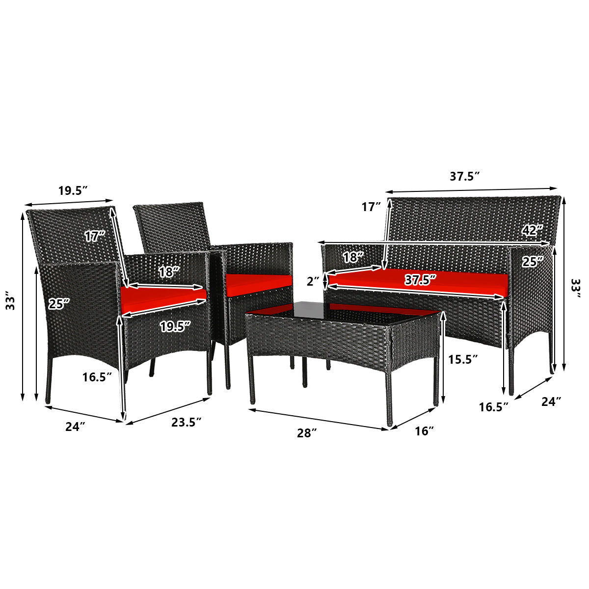 4 Pcs Patio Rattan Cushioned Sofa Furniture Set with Tempered Glass Coffee Table-Red (Fully Assembled)
