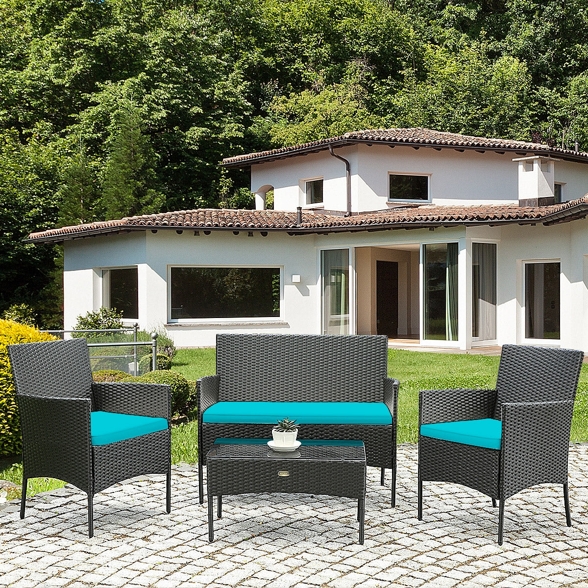 4 Pcs Patio Rattan Cushioned Sofa Furniture Set with Coffee Table-Turquoise - Fully Assembled