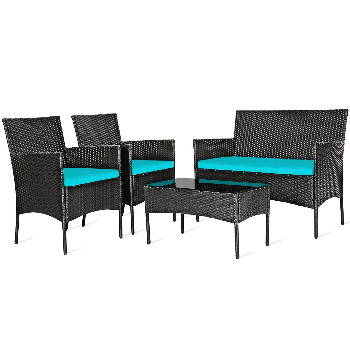 4 Pcs Patio Rattan Cushioned Sofa Furniture Set with Coffee Table-Turquoise - Fully Assembled