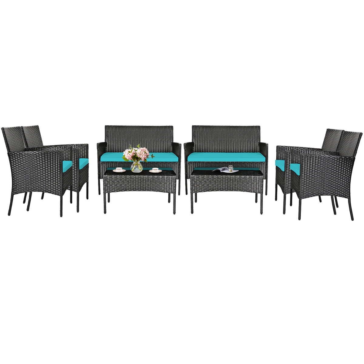 4 Pcs Patio Rattan Cushioned Sofa Furniture Set with Coffee Table-Turquoise - Fully Assembled