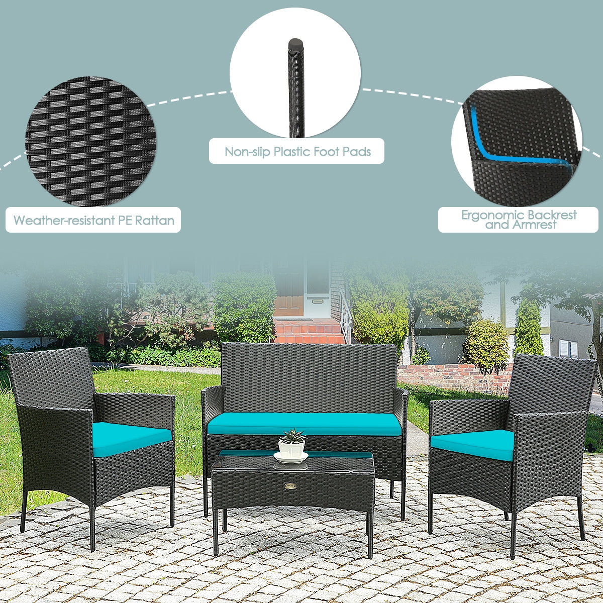 4 Pcs Patio Rattan Cushioned Sofa Furniture Set with Coffee Table-Turquoise - Fully Assembled