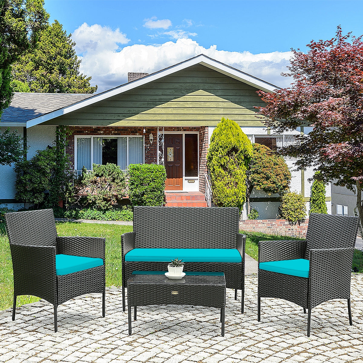 4 Pcs Patio Rattan Cushioned Sofa Furniture Set with Coffee Table-Turquoise - Fully Assembled
