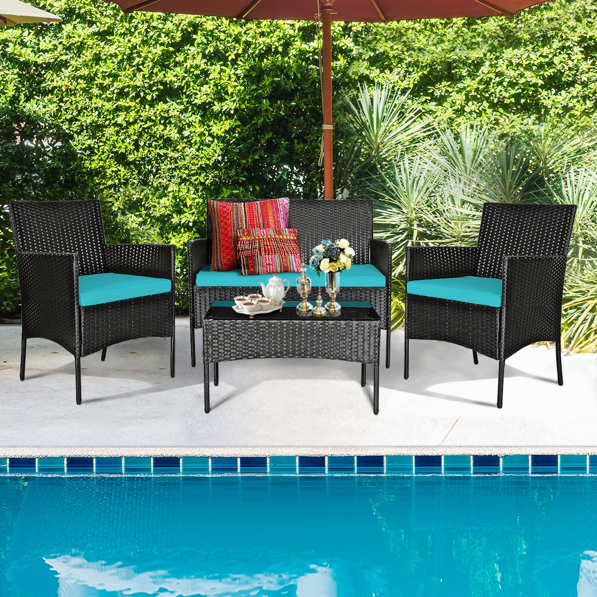 4 Pcs Patio Rattan Cushioned Sofa Furniture Set with Coffee Table-Turquoise - Fully Assembled