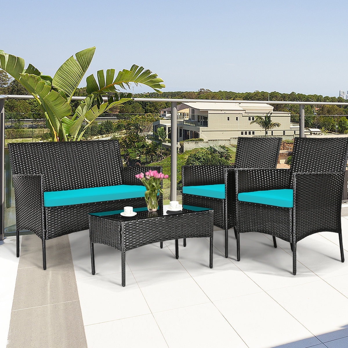4 Pcs Patio Rattan Cushioned Sofa Furniture Set with Coffee Table-Turquoise - Fully Assembled