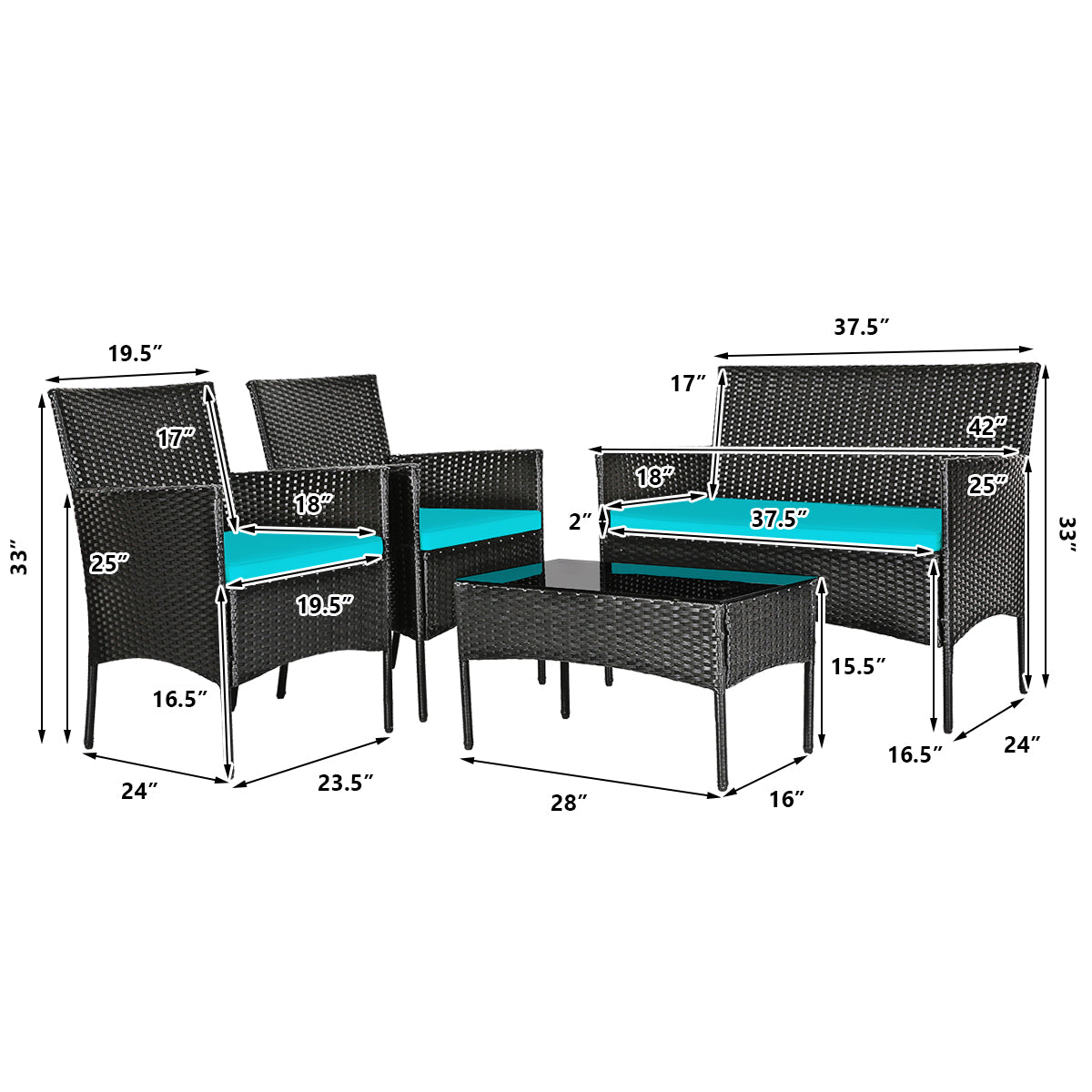 4 Pcs Patio Rattan Cushioned Sofa Furniture Set with Coffee Table-Turquoise - Fully Assembled