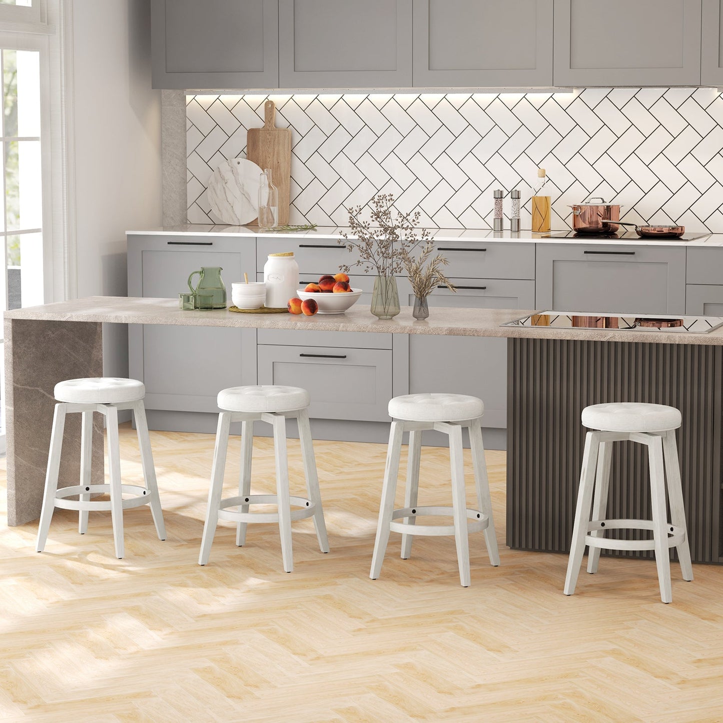 Set of 2 - Swivel Upholstered Rubberwood Frame Bar Stool with Footrest-24 inches (Assembled)