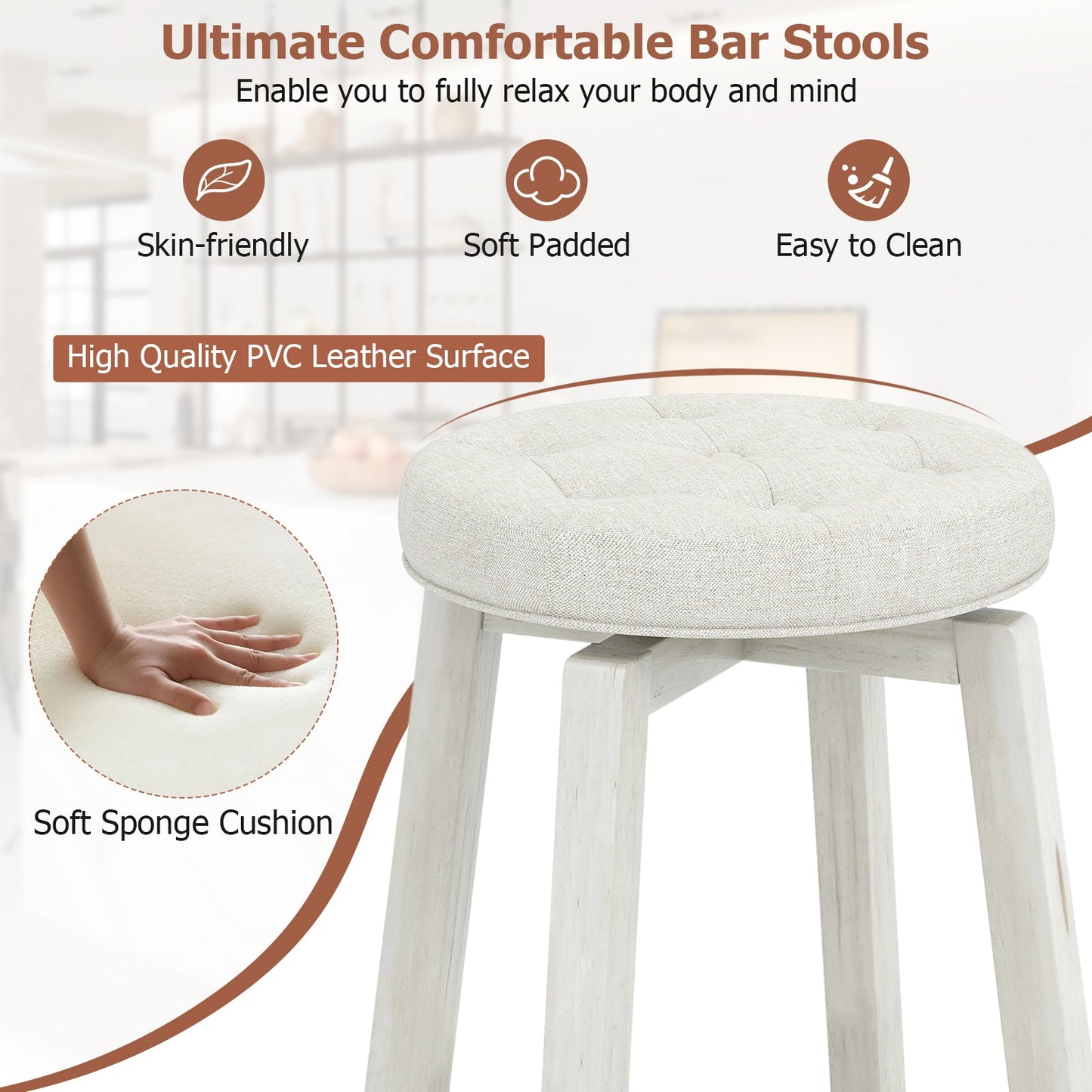 Set of 2 - Swivel Upholstered Rubberwood Frame Bar Stool with Footrest-24 inches (Assembled)