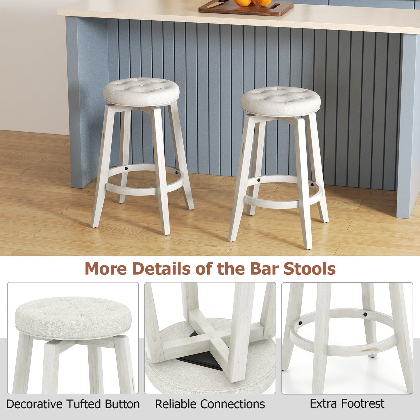 Set of 2 - Swivel Upholstered Rubberwood Frame Bar Stool with Footrest-24 inches (Assembled)