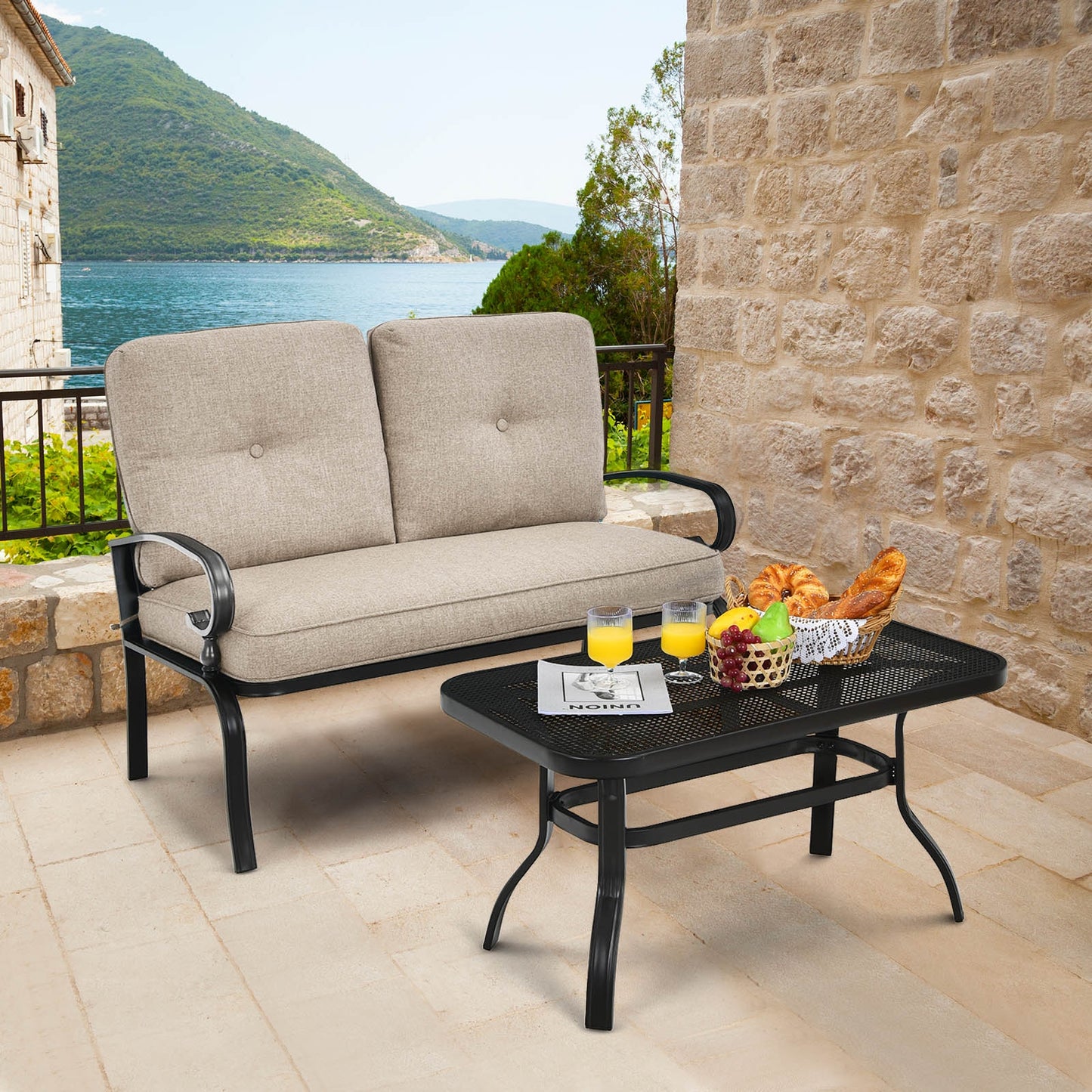 2 Pieces Patio Loveseat Bench Table Furniture Set with Cushioned Chair-Beige (Fully Assembled)