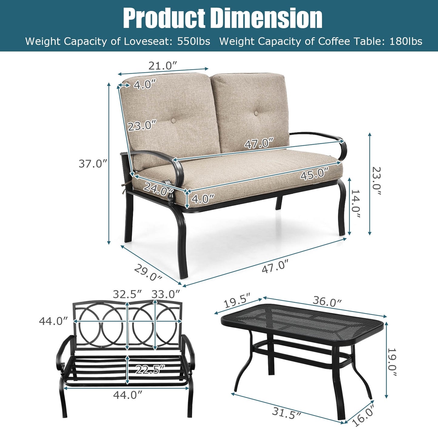2 Pieces Patio Loveseat Bench Table Furniture Set with Cushioned Chair-Beige (Fully Assembled)