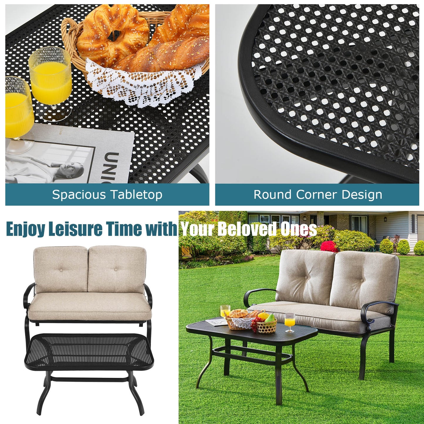2 Pieces Patio Loveseat Bench Table Furniture Set with Cushioned Chair-Beige (Fully Assembled)