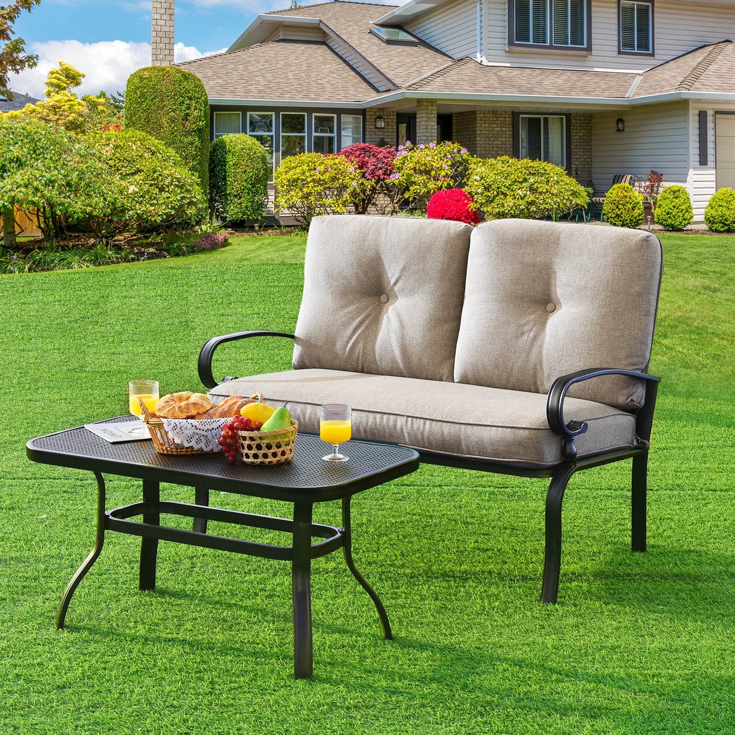2 Pieces Patio Loveseat Bench Table Furniture Set with Cushioned Chair-Beige (Fully Assembled)