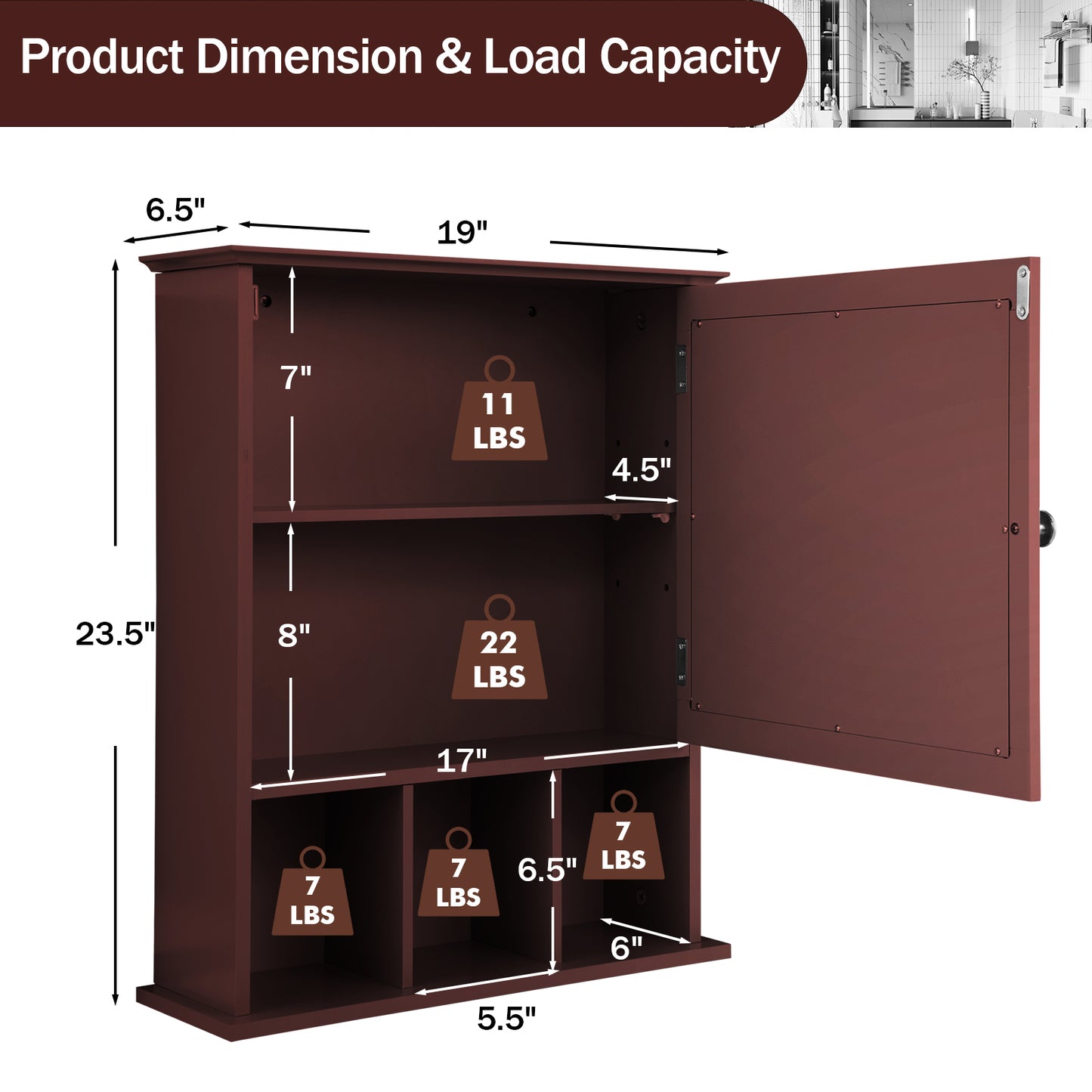 Wall Mounted and Mirrored Bathroom Cabinet-Brown (Fully Assembled)