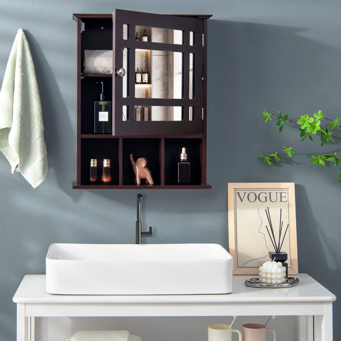 Wall Mounted and Mirrored Bathroom Cabinet-Brown (Fully Assembled)