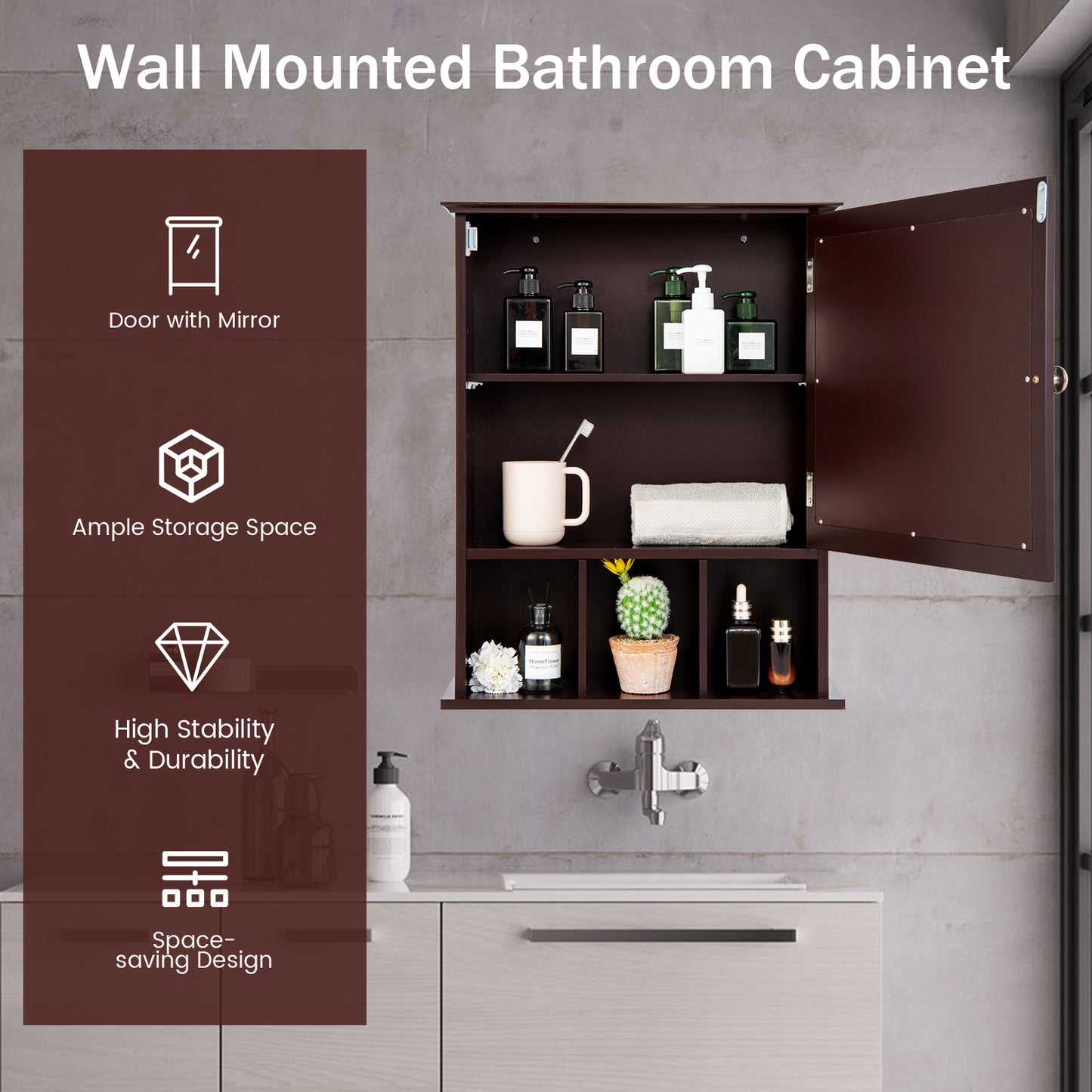 Wall Mounted and Mirrored Bathroom Cabinet-Brown (Fully Assembled)