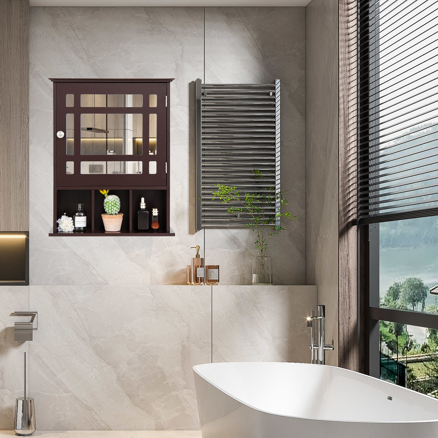 Wall Mounted and Mirrored Bathroom Cabinet-Brown (Fully Assembled)