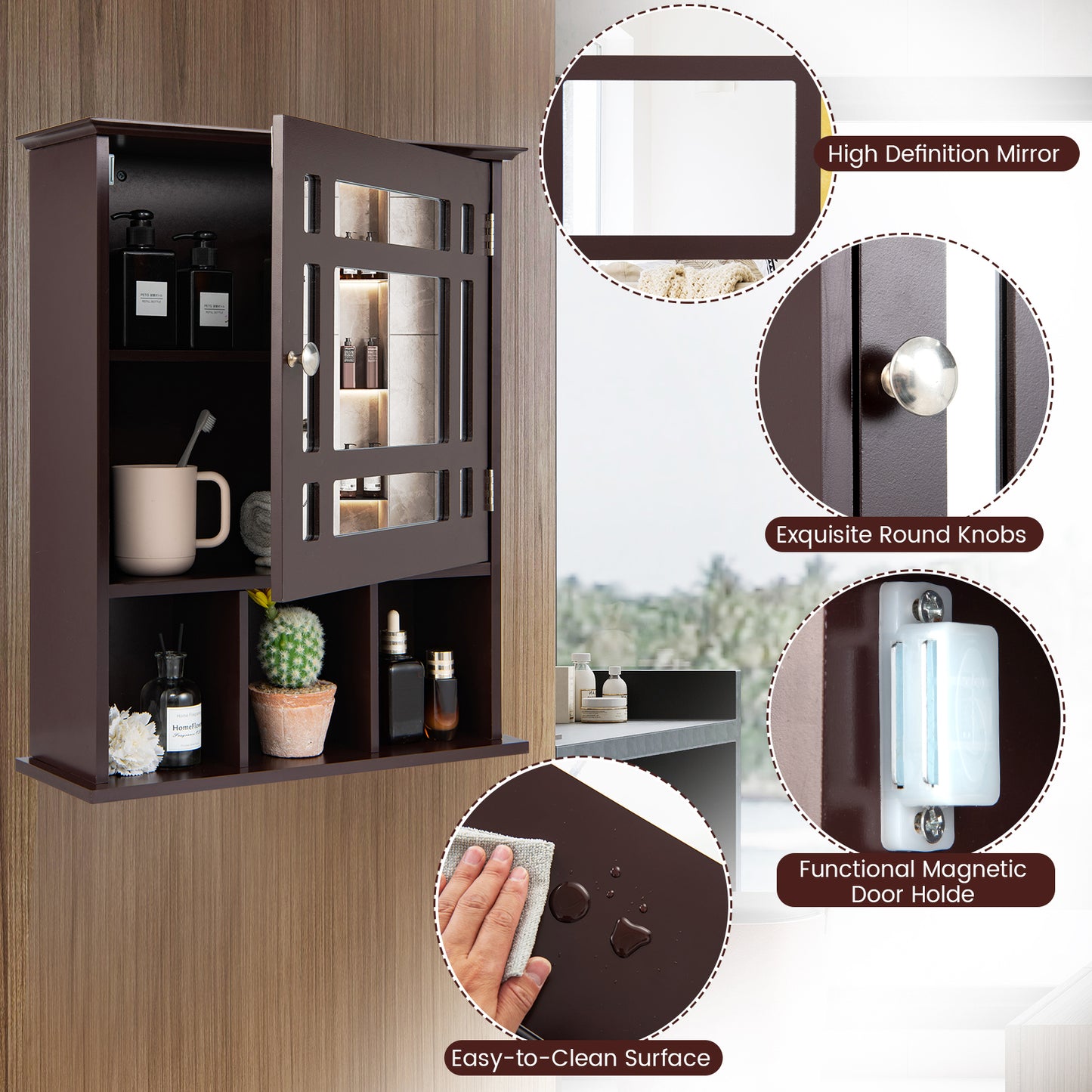 Wall Mounted and Mirrored Bathroom Cabinet-Brown (Fully Assembled)