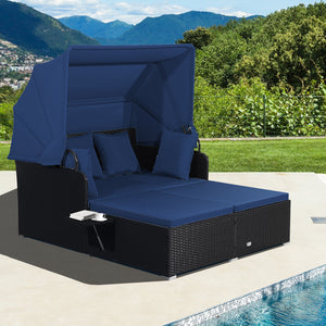 SPECIAL, Patio Rattan Daybed with Retractable Canopy and Side Tables-Navy (Fully Assembled)