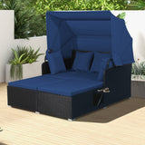 SPECIAL, Patio Rattan Daybed with Retractable Canopy and Side Tables-Navy (Fully Assembled)