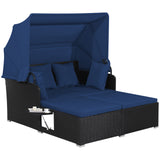 SPECIAL, Patio Rattan Daybed with Retractable Canopy and Side Tables-Navy (Fully Assembled)