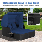 SPECIAL, Patio Rattan Daybed with Retractable Canopy and Side Tables-Navy (Fully Assembled)