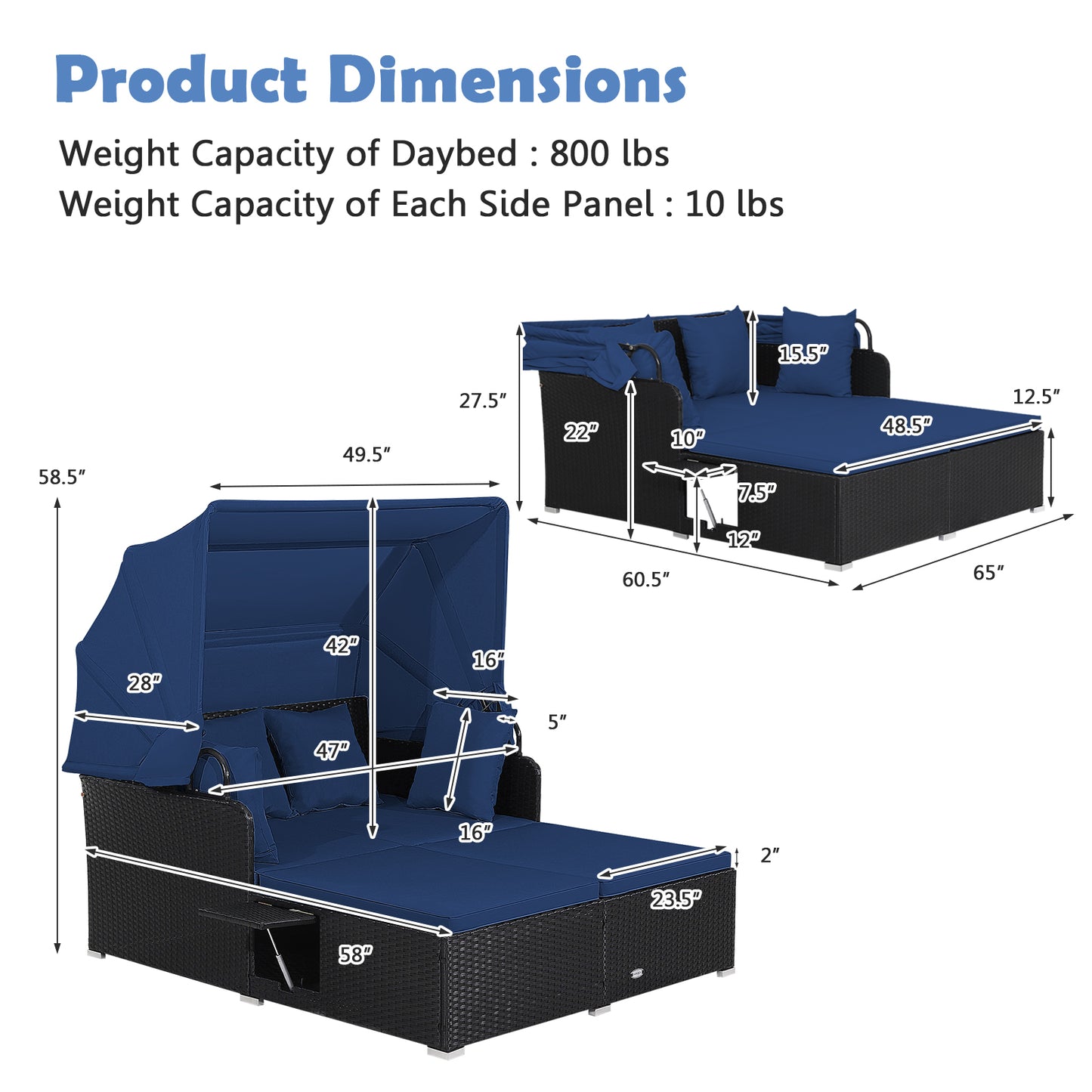 SPECIAL, Patio Rattan Daybed with Retractable Canopy and Side Tables-Navy (Fully Assembled)
