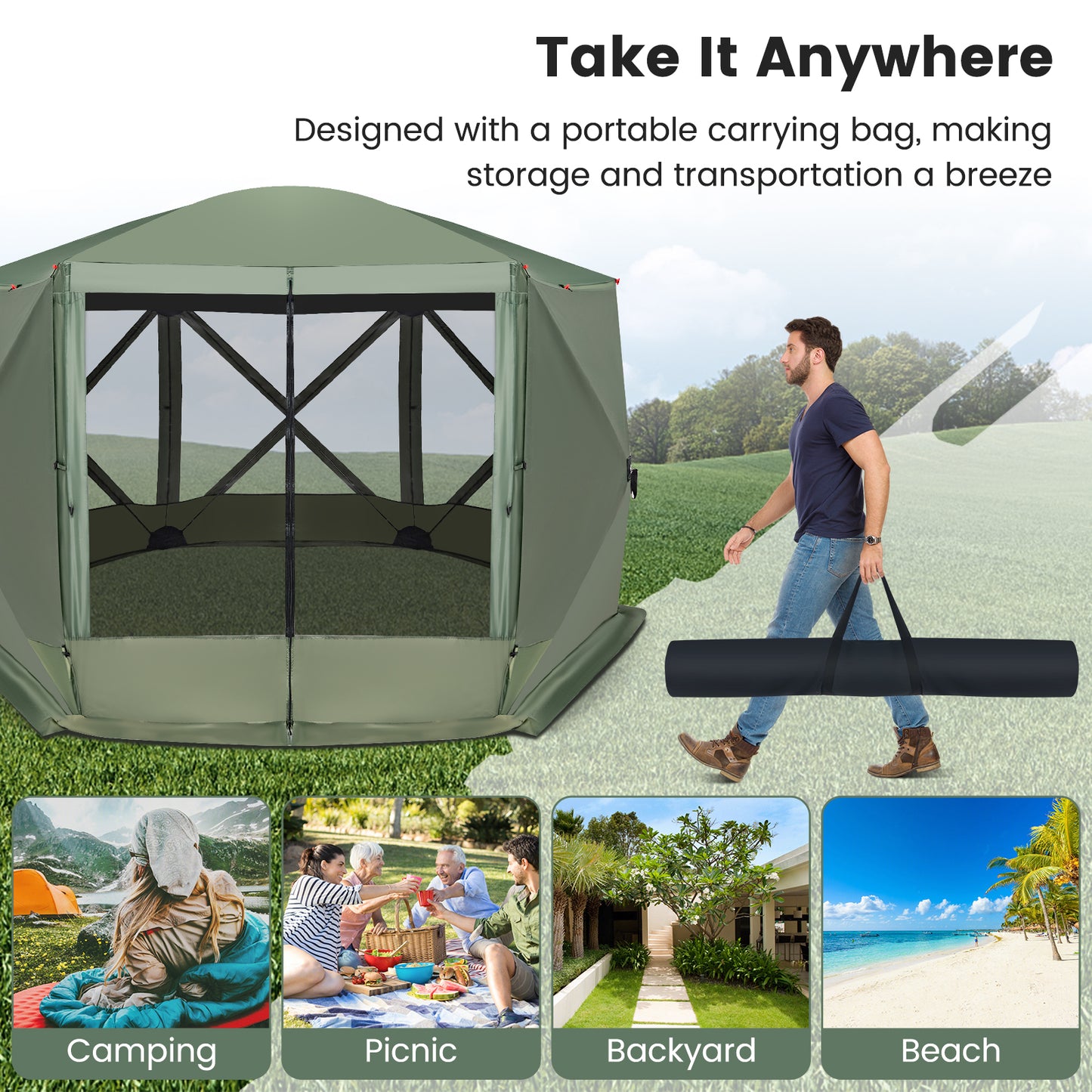 11.5 X 11.5 FT Pop-up Screen House Tent with Portable Carrying Bag-Green
