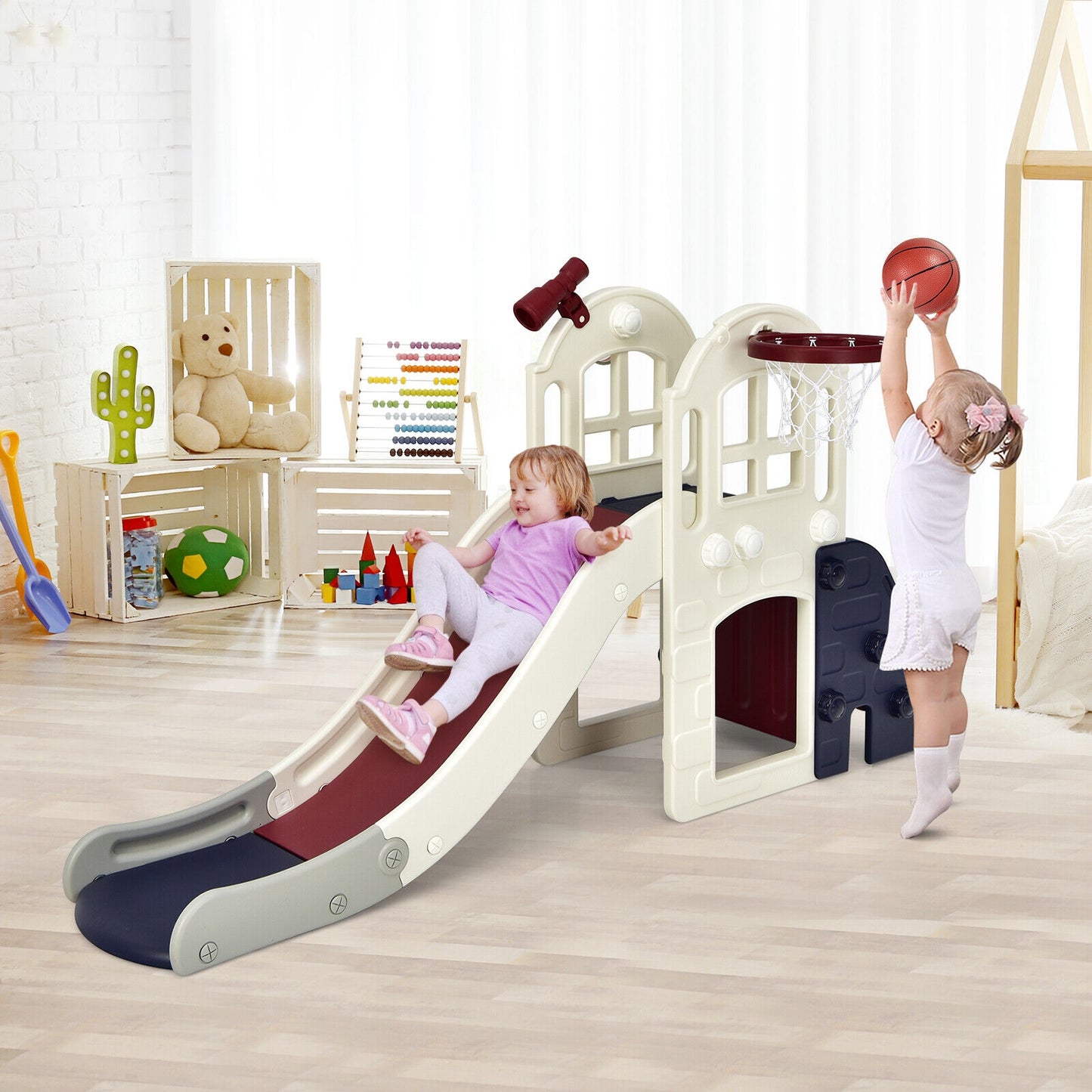 6-In-1 Large Slide for Kids Toddler Climber Slide Playset with Basketball Hoop (Customer Return)