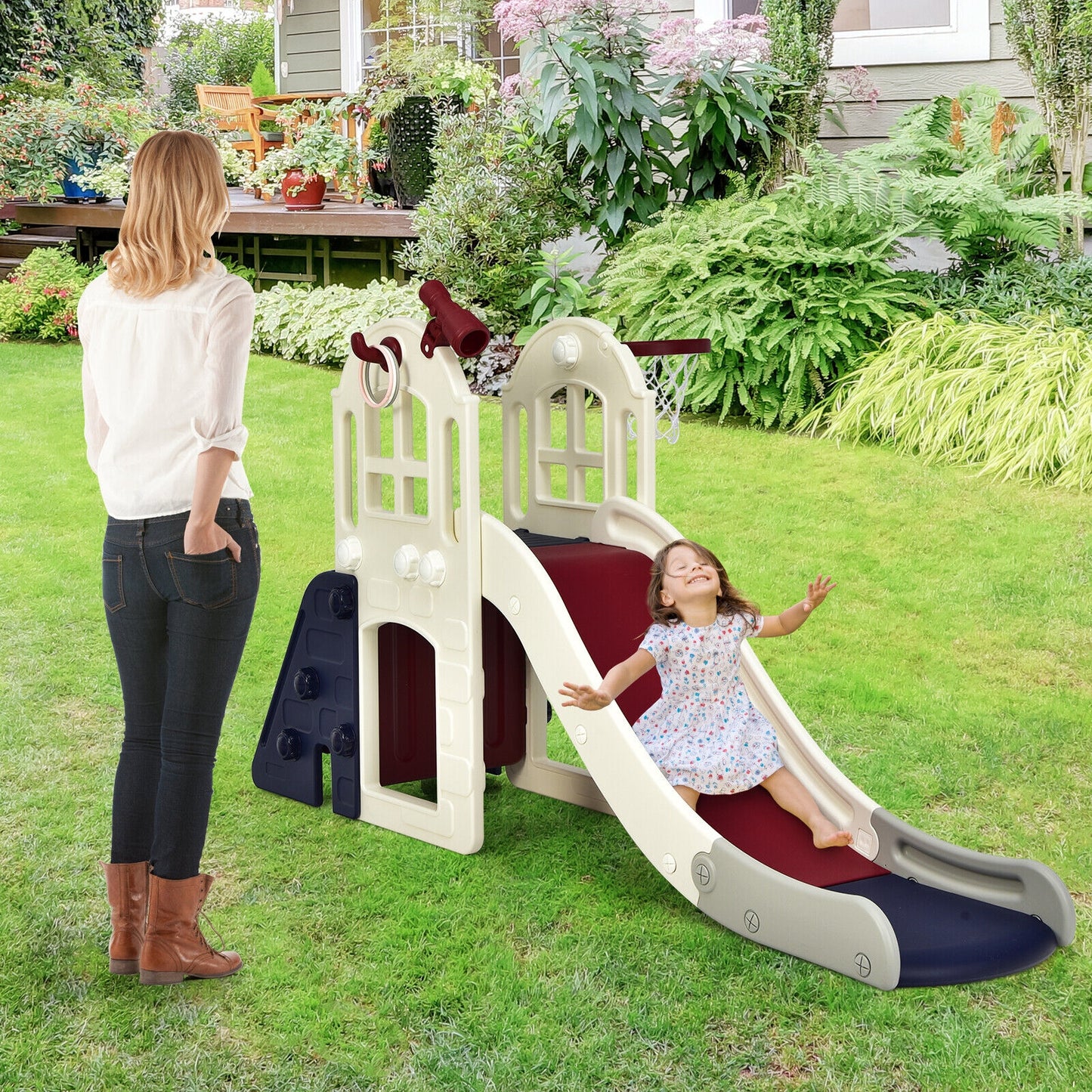 6-In-1 Large Slide for Kids Toddler Climber Slide Playset with Basketball Hoop (Customer Return)