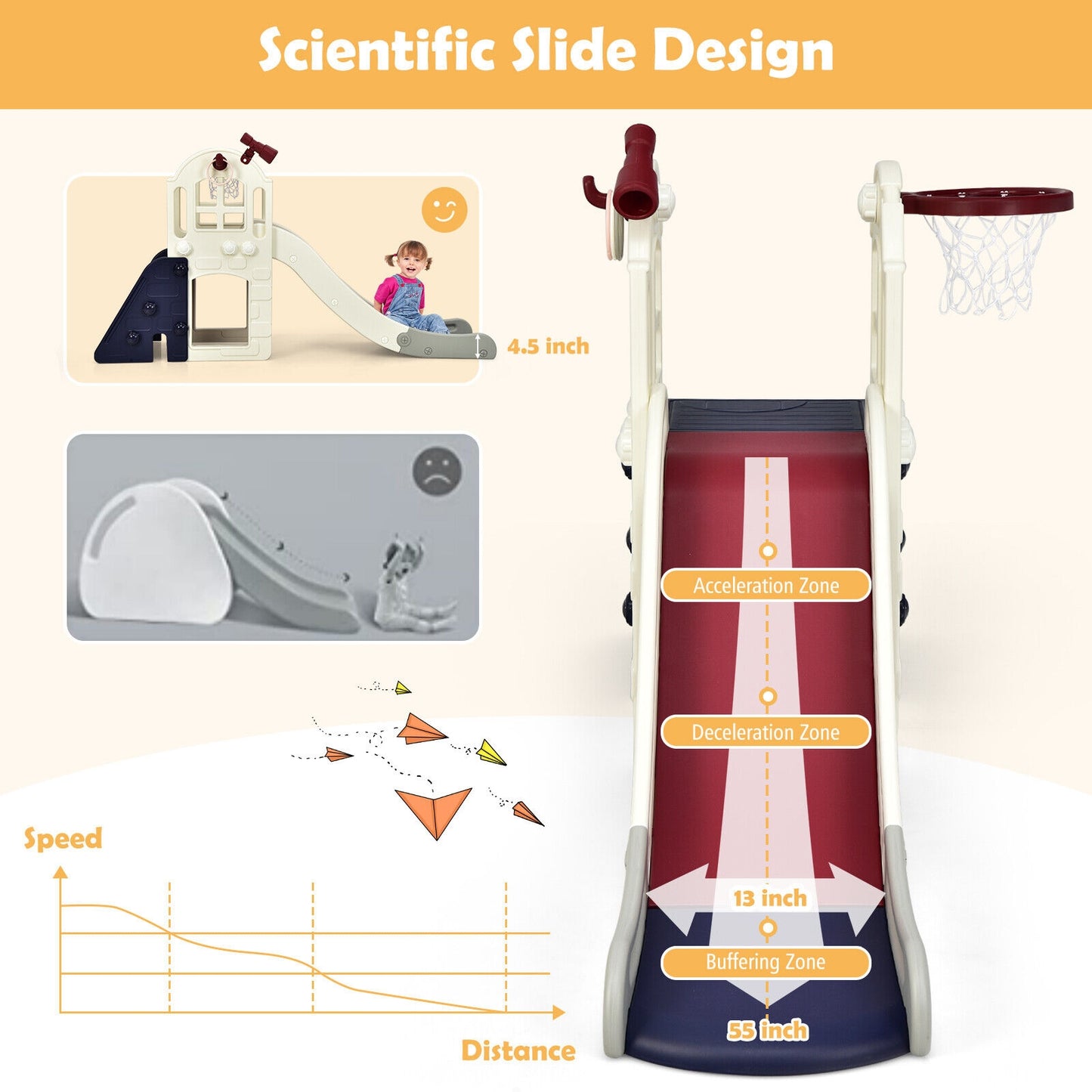 6-In-1 Large Slide for Kids Toddler Climber Slide Playset with Basketball Hoop (Customer Return)