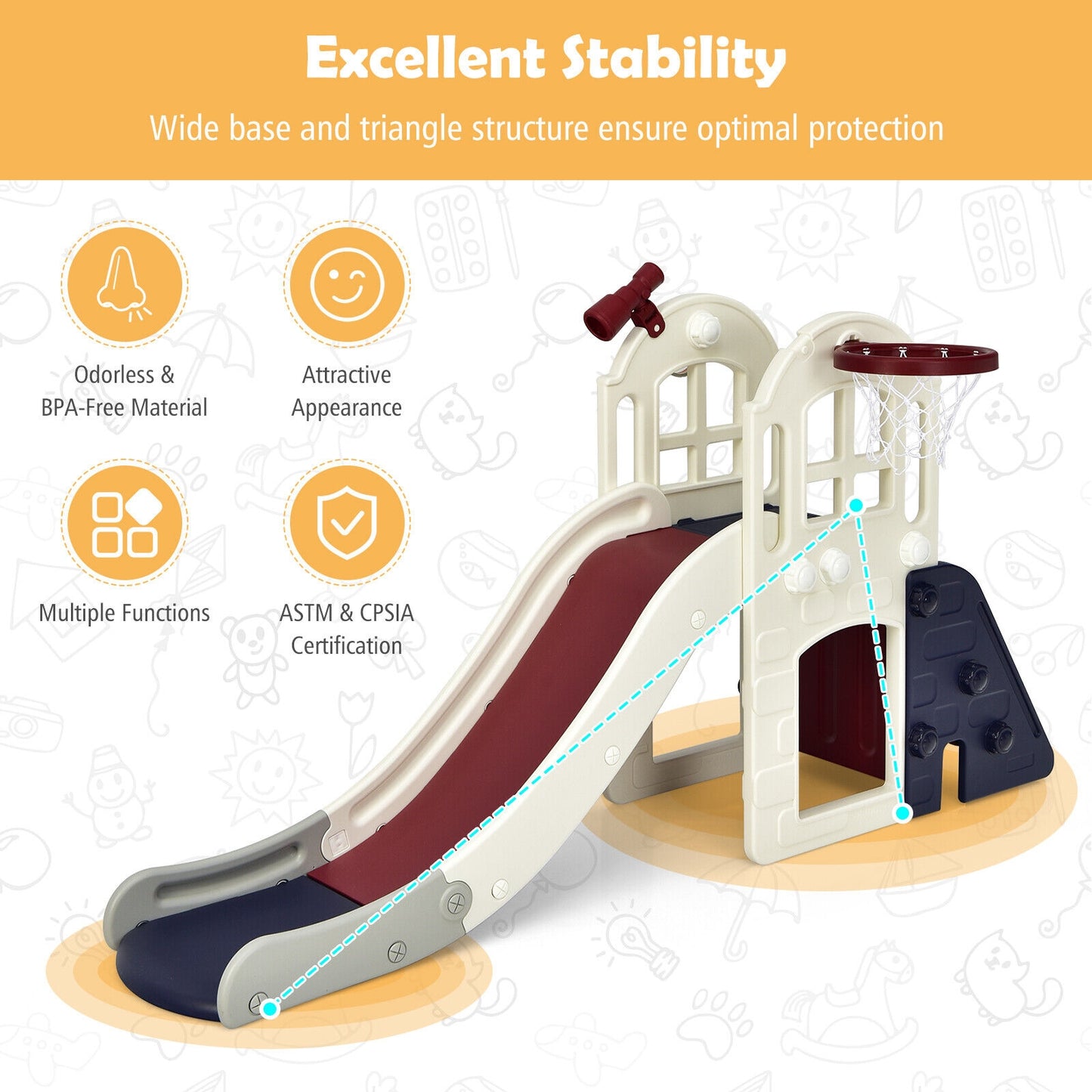6-In-1 Large Slide for Kids Toddler Climber Slide Playset with Basketball Hoop (Customer Return)