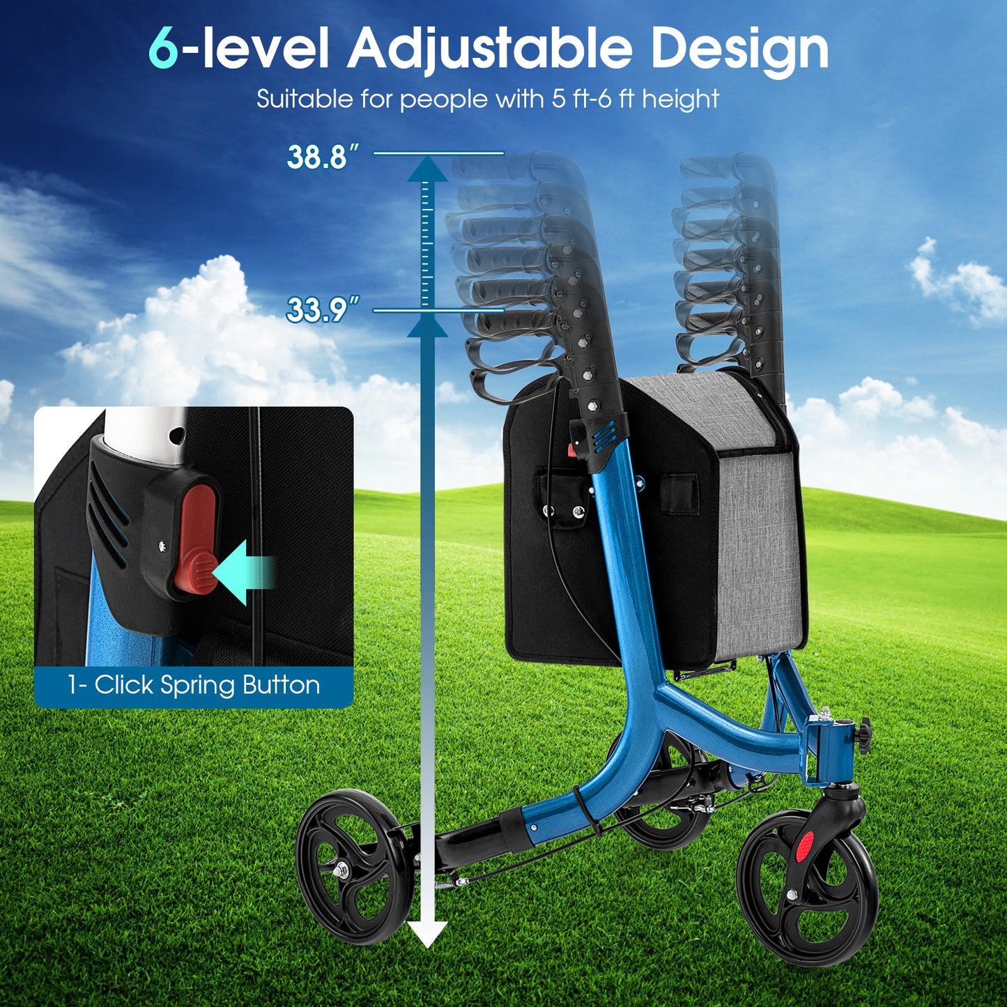 NO TAX - 3-Wheel Rolling Walker with Adjustable Handle-Blue