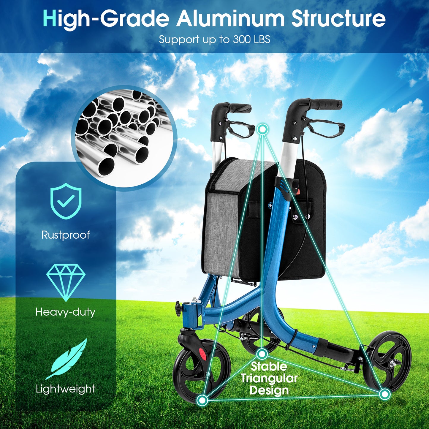 NO TAX - 3-Wheel Rolling Walker with Adjustable Handle-Blue