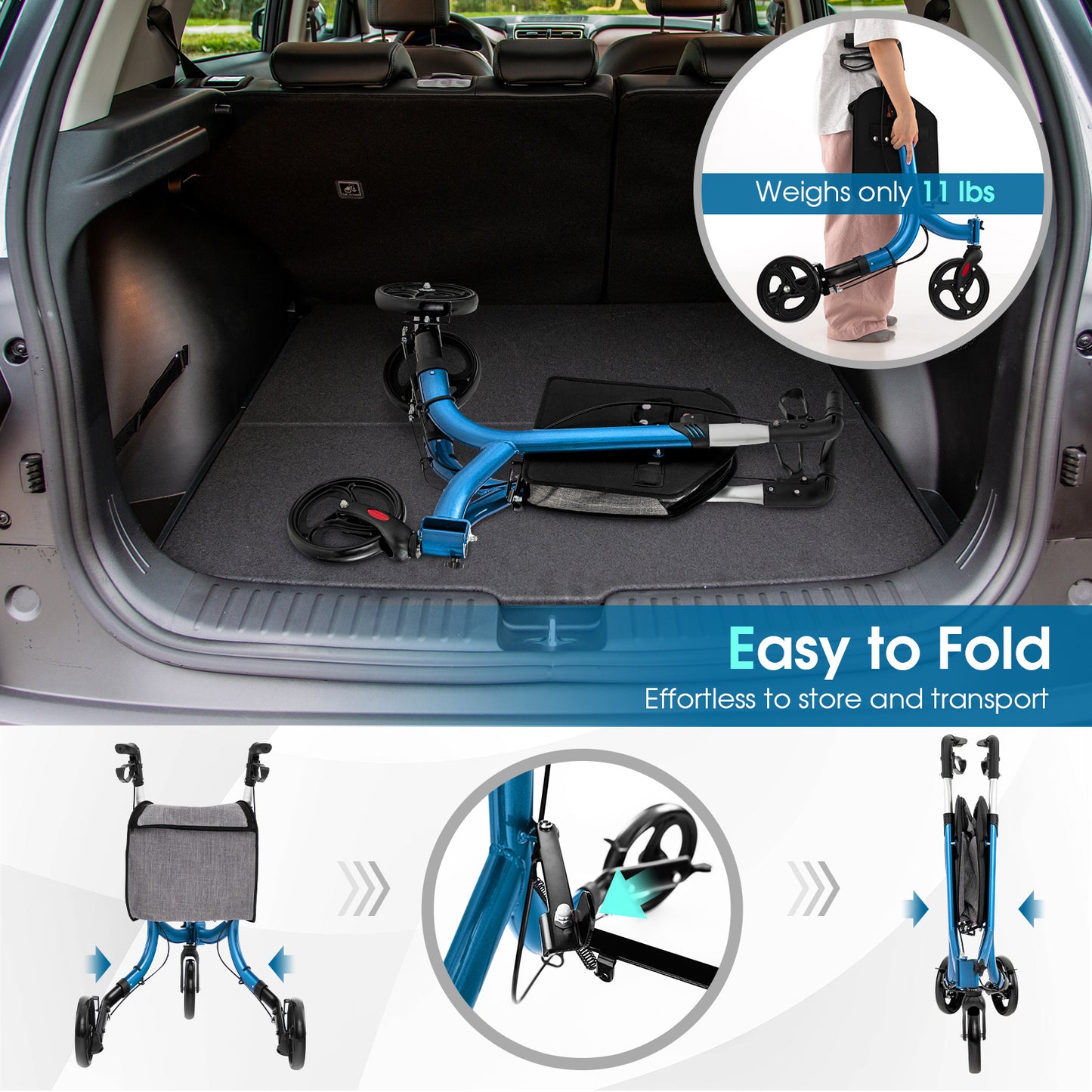 NO TAX - 3-Wheel Rolling Walker with Adjustable Handle-Blue
