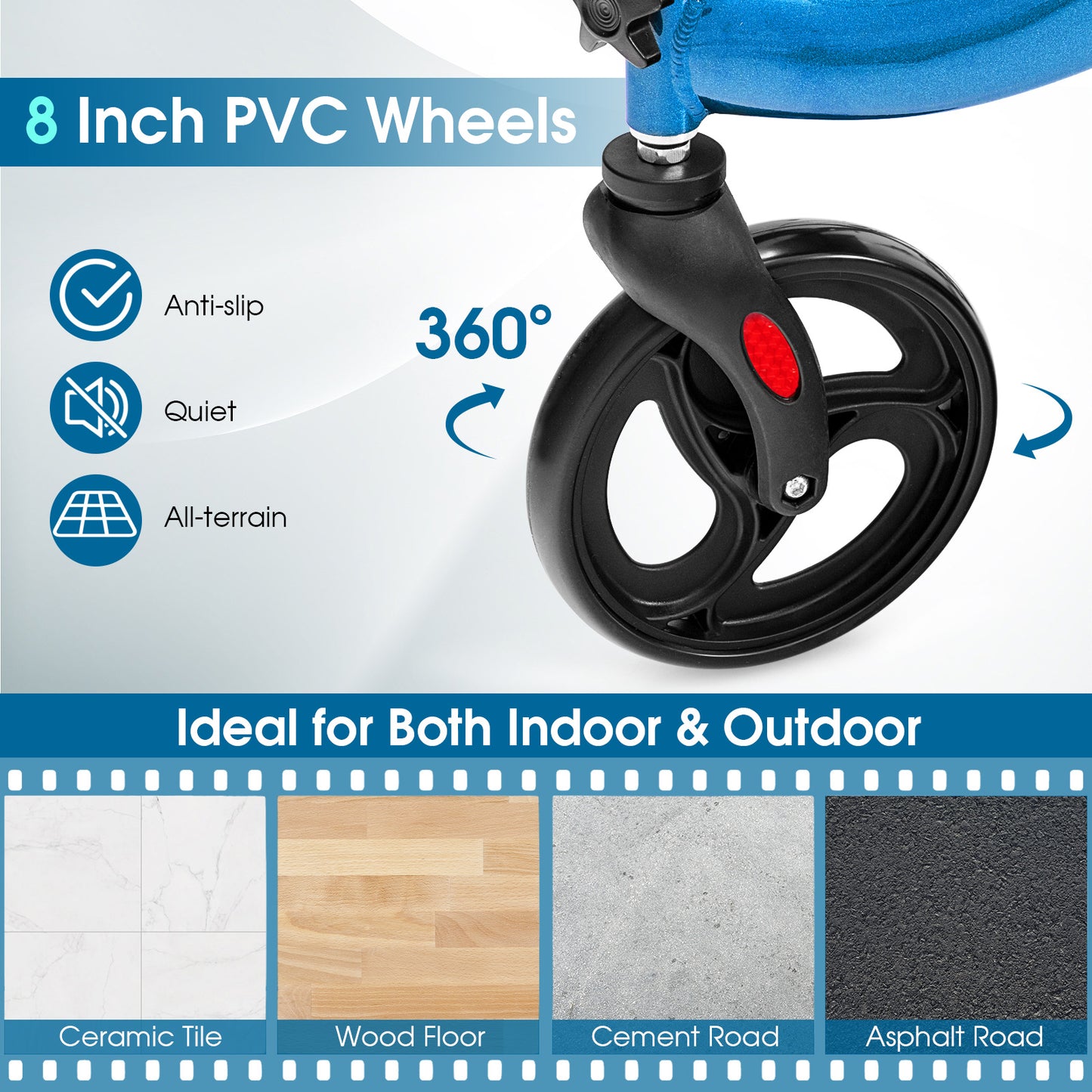 NO TAX - 3-Wheel Rolling Walker with Adjustable Handle-Blue