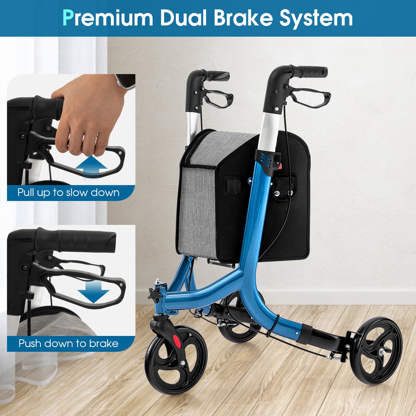 NO TAX - 3-Wheel Rolling Walker with Adjustable Handle-Blue