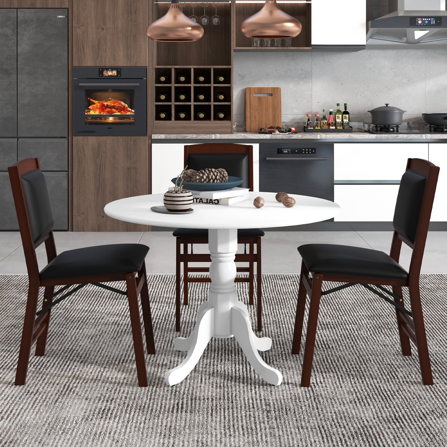 Wooden Dining Table with Round Tabletop and Curved Trestle Legs-White - Scratch and Dent, (Fully Assembled)