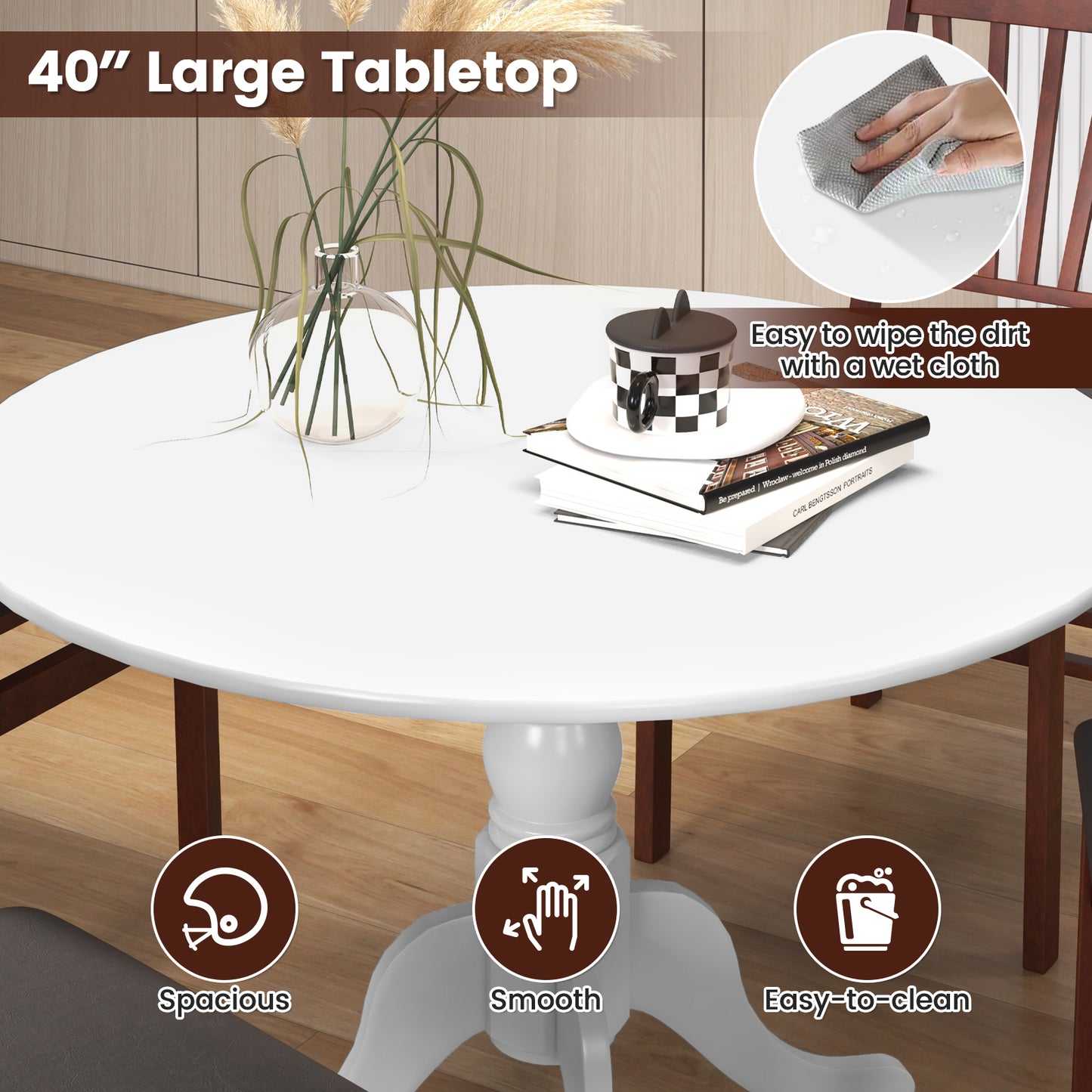 Wooden Dining Table with Round Tabletop and Curved Trestle Legs-White - Scratch and Dent, (Fully Assembled)