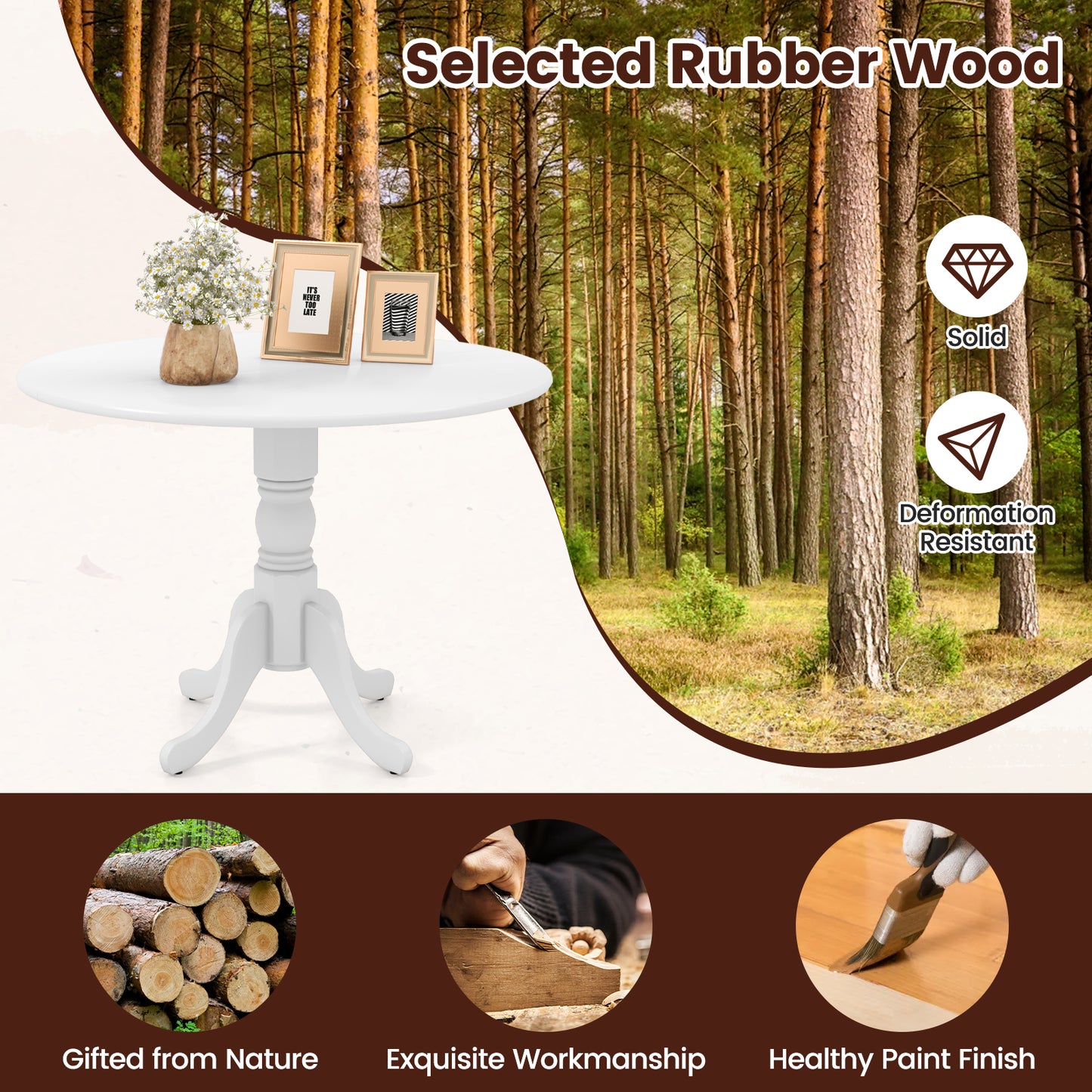 Wooden Dining Table with Round Tabletop and Curved Trestle Legs-White - Scratch and Dent, (Fully Assembled)