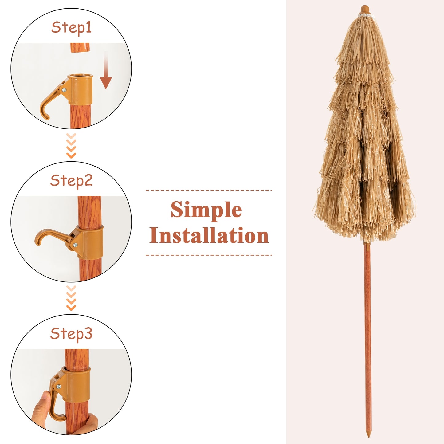 6.5 Feet Portable Thatched Tiki Beach Umbrella with Adjustable Tilt