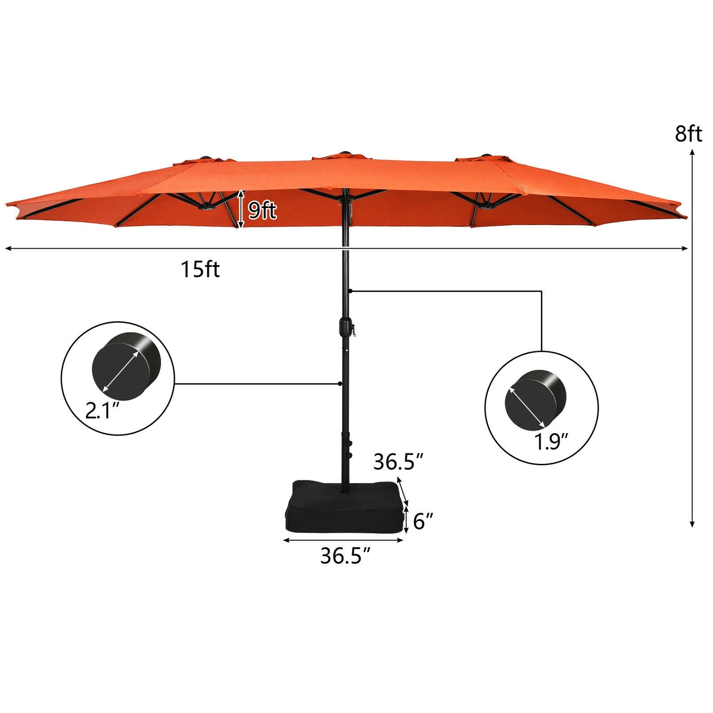 15 Feet Double-Sided Twin Patio Umbrella with Crank and Base -Orange, 1 Box, unassembled