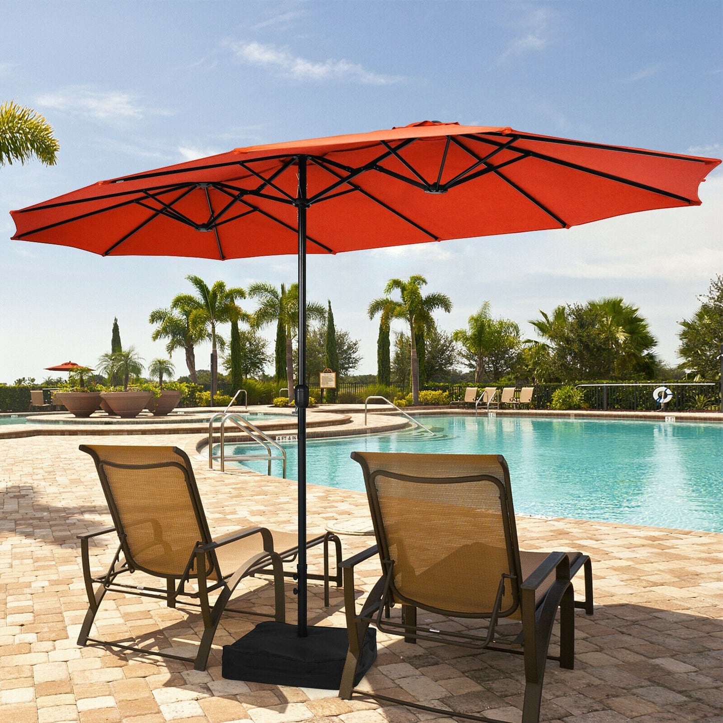 15 Feet Double-Sided Twin Patio Umbrella with Crank and Base -Orange, 1 Box, unassembled