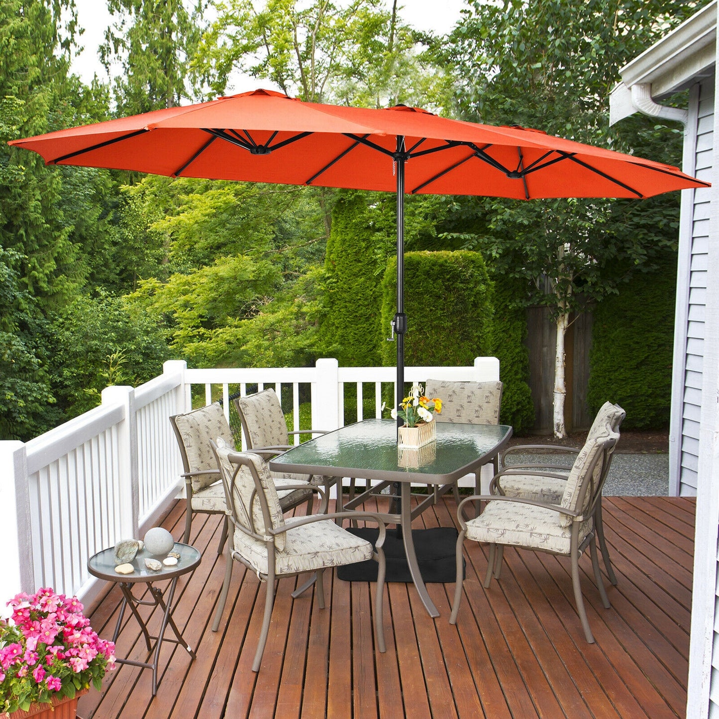 15 Feet Double-Sided Twin Patio Umbrella with Crank and Base -Orange, 1 Box, unassembled