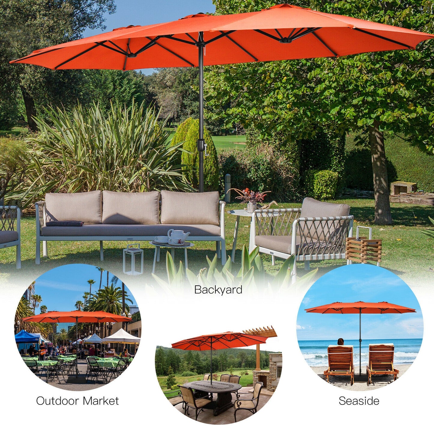 15 Feet Double-Sided Twin Patio Umbrella with Crank and Base -Orange, 1 Box, unassembled