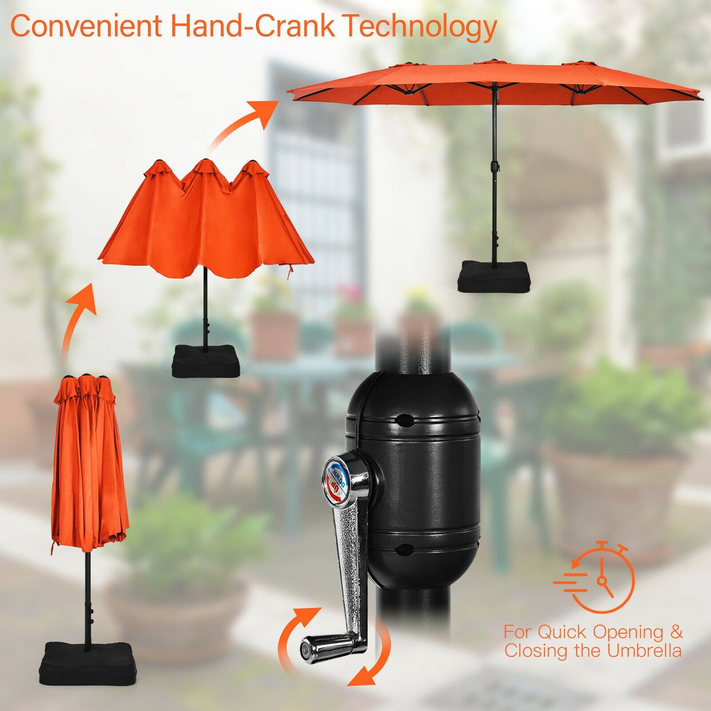 15 Feet Double-Sided Twin Patio Umbrella with Crank and Base -Orange, 1 Box, unassembled