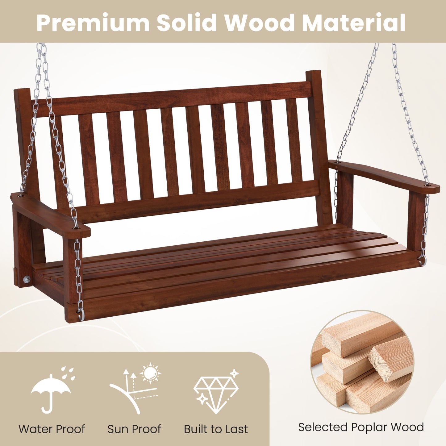 Special - No TAX,  3-Person Wooden Outdoor Porch Swing-Brown (1 Box, Unassembled)